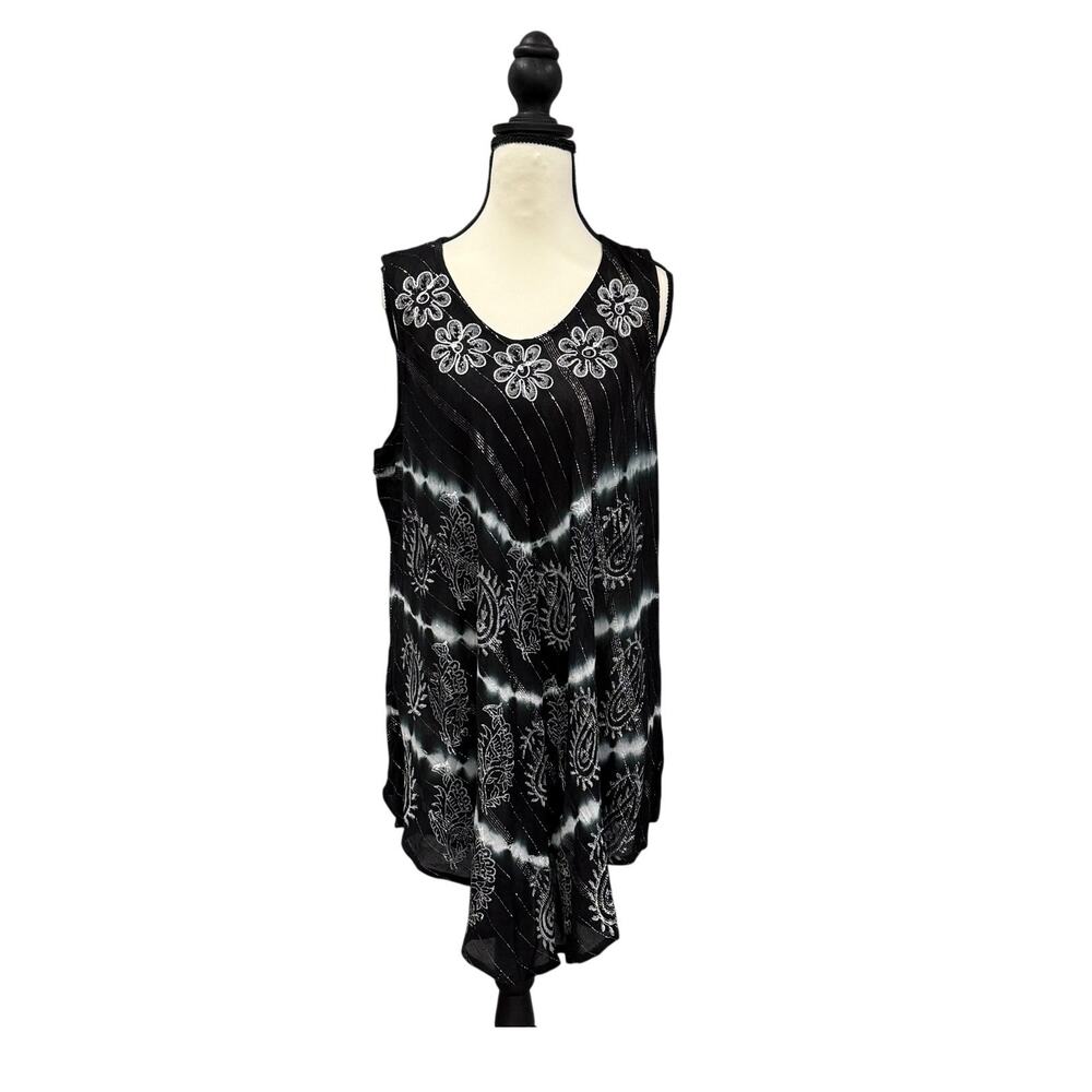 Boho Tie Dye Embroidered Tunic Dress 3X Black White Viscose Sequin Parami Design
